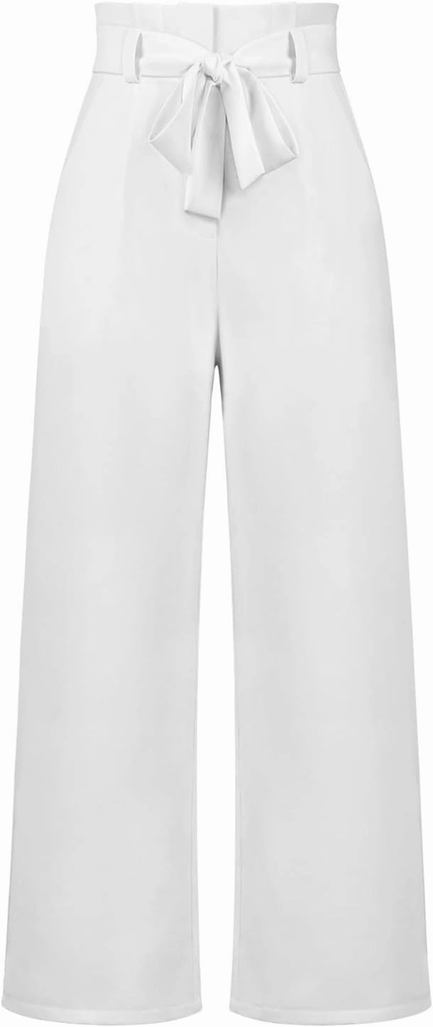 Paper Bag Pants Women High Waist Summer Casual Wide Leg Palazzo Pant Elegant Belted Long Trousers with Pockets
