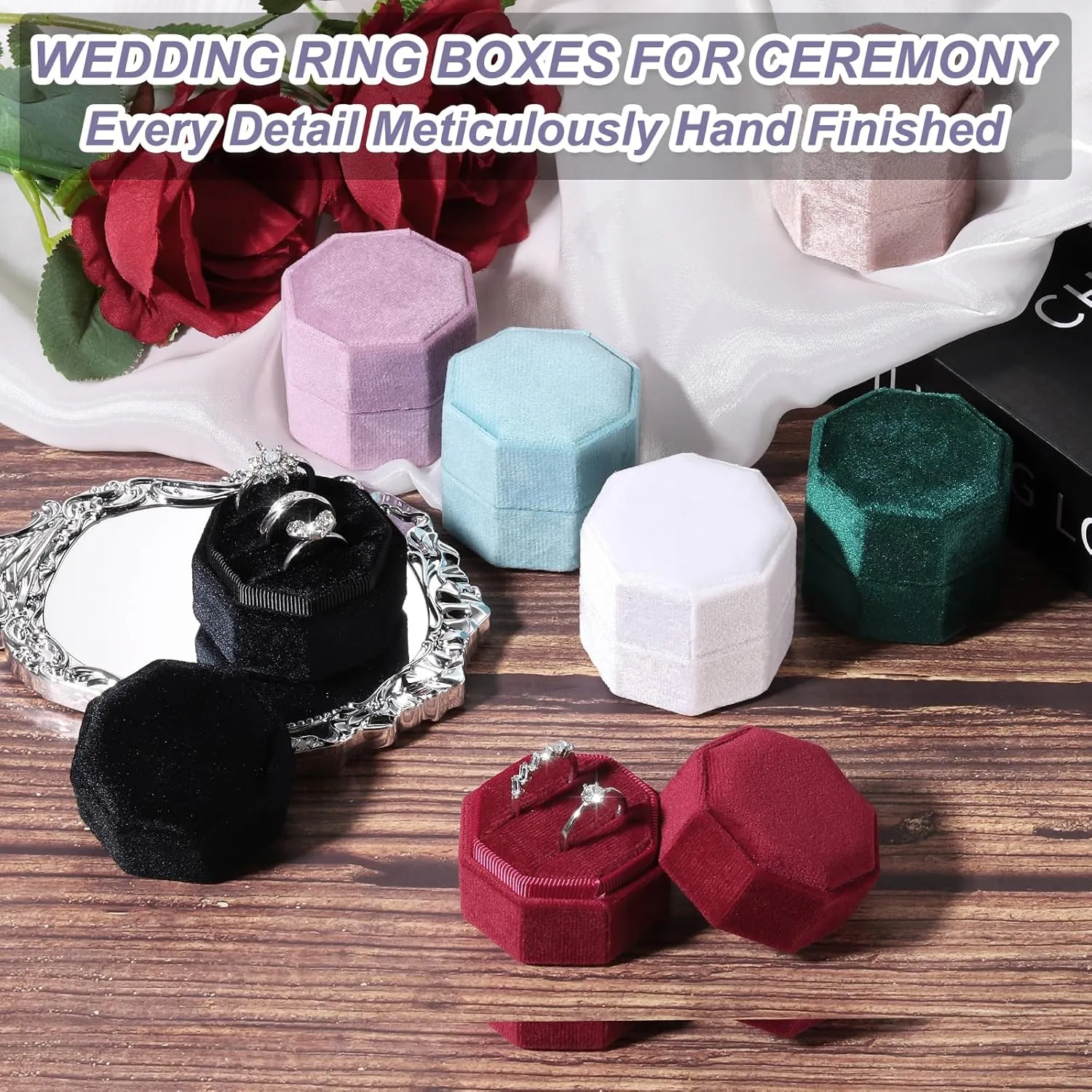 PATIKIL 3 Slots Vintage Velvet Ring Boxes, 2 Pack Octagonal Elegant His and Her Wedding Ring Jewelry Organizer Holders for Engagement Proposal Ceremony Anniversary, Wine Red