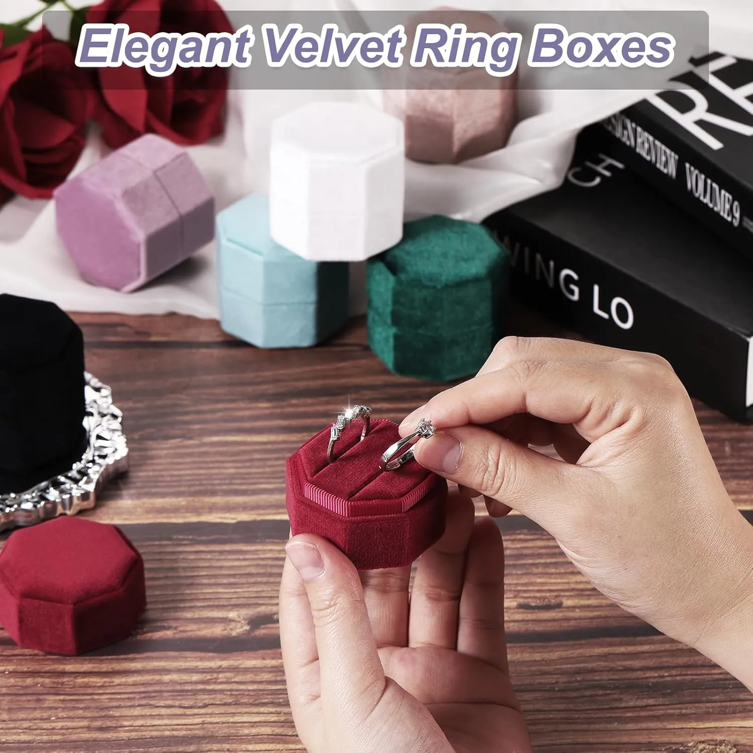 PATIKIL 3 Slots Vintage Velvet Ring Boxes, 2 Pack Octagonal Elegant His and Her Wedding Ring Jewelry Organizer Holders for Engagement Proposal Ceremony Anniversary, Wine Red
