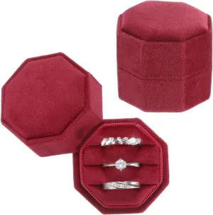PATIKIL 3 Slots Vintage Velvet Ring Boxes, 2 Pack Octagonal Elegant His and Her Wedding Ring Jewelry Organizer Holders for Engagement Proposal Ceremony Anniversary, Wine Red