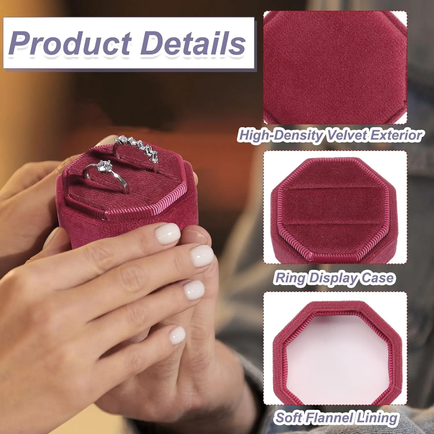 PATIKIL 3 Slots Vintage Velvet Ring Boxes, 2 Pack Octagonal Elegant His and Her Wedding Ring Jewelry Organizer Holders for Engagement Proposal Ceremony Anniversary, Wine Red