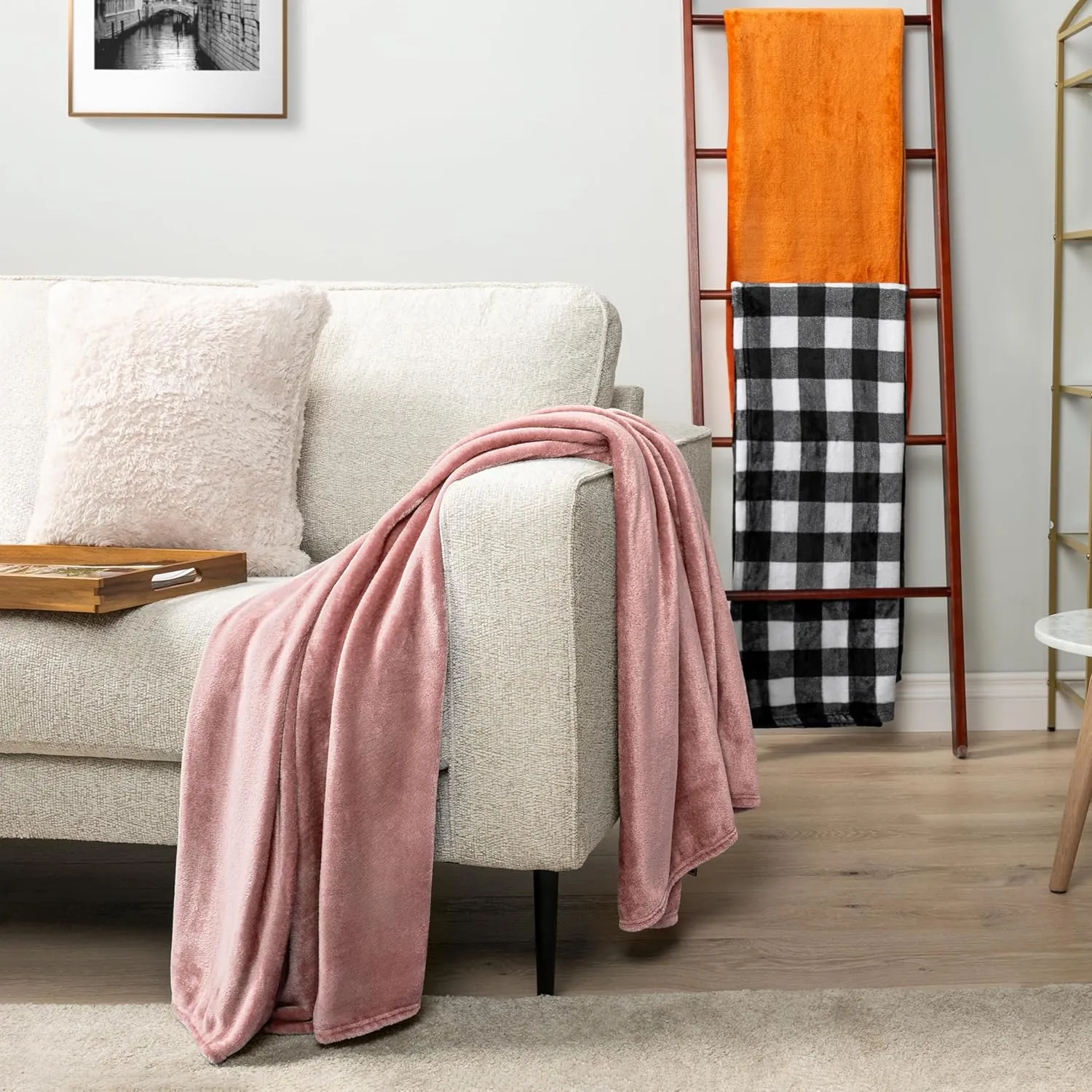 PAVILIA Blush Pink Fleece Throw Blanket for Couch Twin Size, Pink Super Soft Fuzzy Flannel Throw for Sofa, Luxury Plush Microfiber Blanket Twin Bed, Home Decorative Velvet Gift Blanket, 60x80
