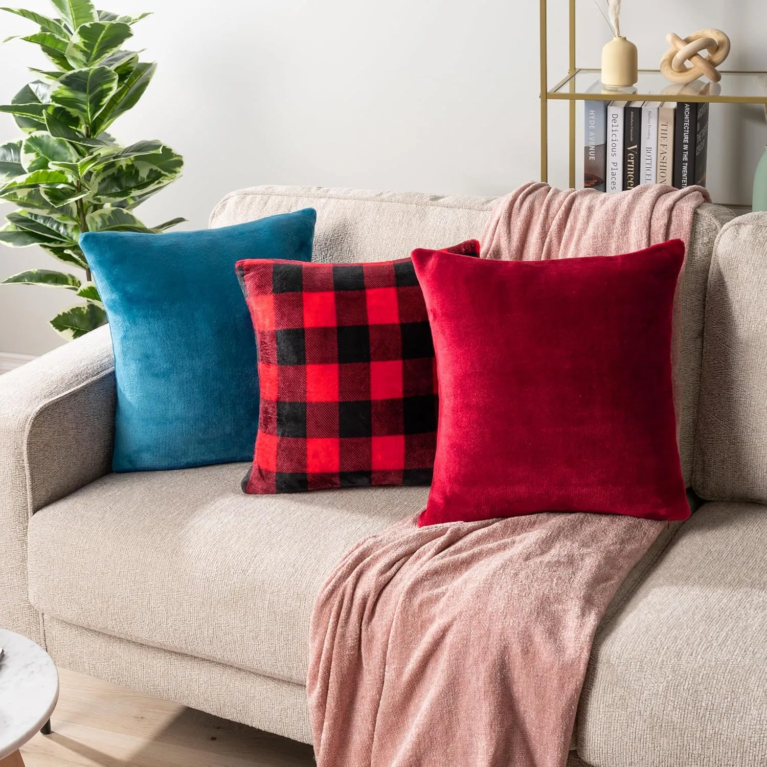 PAVILIA Checker Plaid Throw Pillow Covers 20x20 Set of 2, Decorative Pillow Cases for Bed Sofa Couch, Boho Aesthetic Accent Decor Cushion Bedroom Living Room, Velvet Square Euro Sham Covers, Black Red