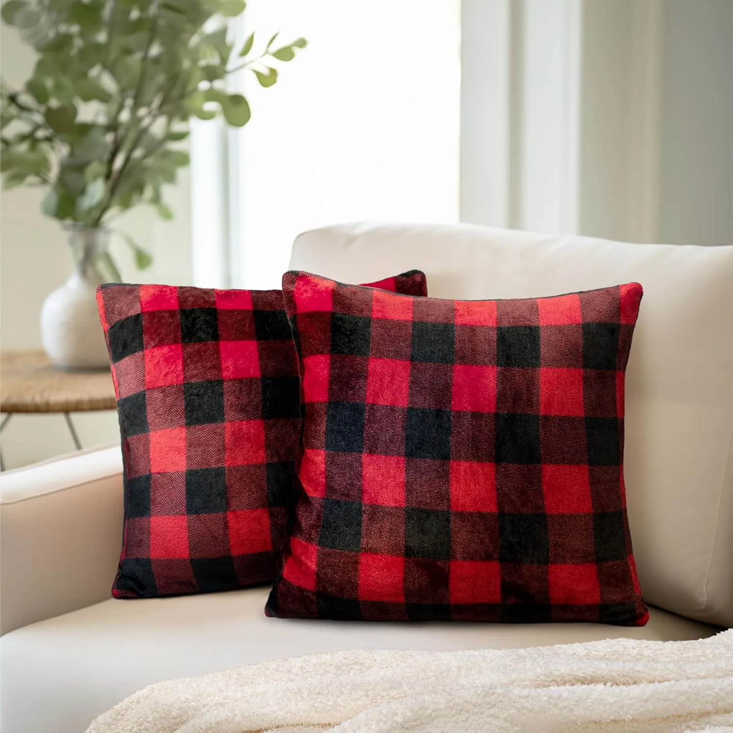 PAVILIA Checker Plaid Throw Pillow Covers 20x20 Set of 2, Decorative Pillow Cases for Bed Sofa Couch, Boho Aesthetic Accent Decor Cushion Bedroom Living Room, Velvet Square Euro Sham Covers, Black Red