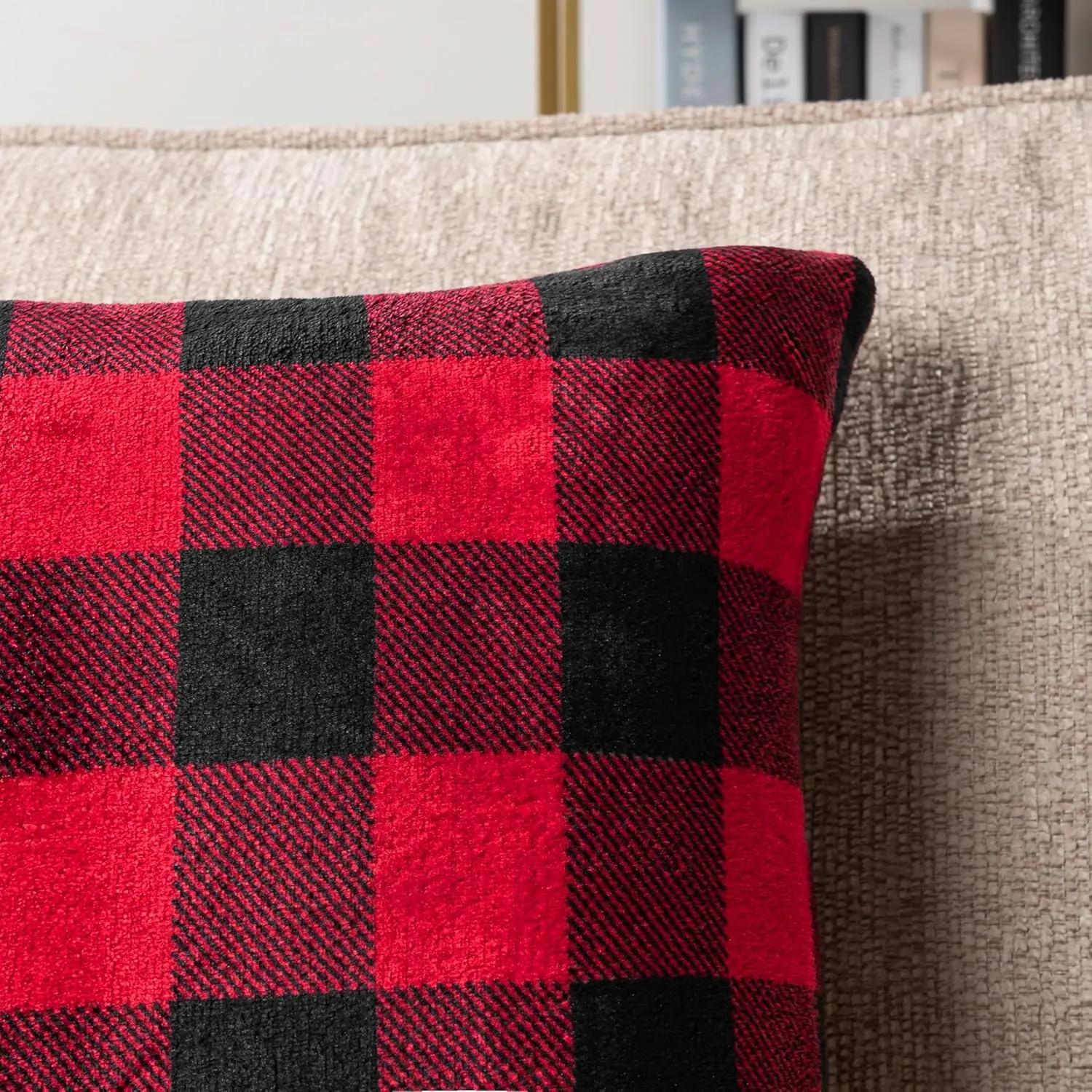 PAVILIA Checker Plaid Throw Pillow Covers 20x20 Set of 2, Decorative Pillow Cases for Bed Sofa Couch, Boho Aesthetic Accent Decor Cushion Bedroom Living Room, Velvet Square Euro Sham Covers, Black Red