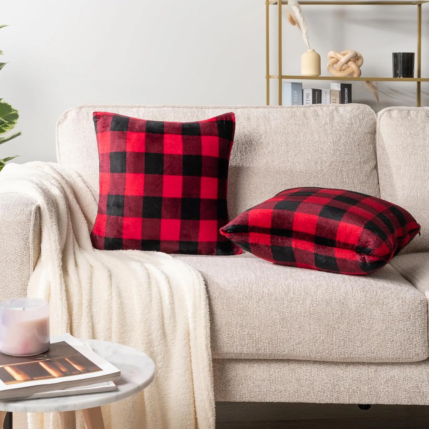 PAVILIA Checker Plaid Throw Pillow Covers 20x20 Set of 2, Decorative Pillow Cases for Bed Sofa Couch, Boho Aesthetic Accent Decor Cushion Bedroom Living Room, Velvet Square Euro Sham Covers, Black Red