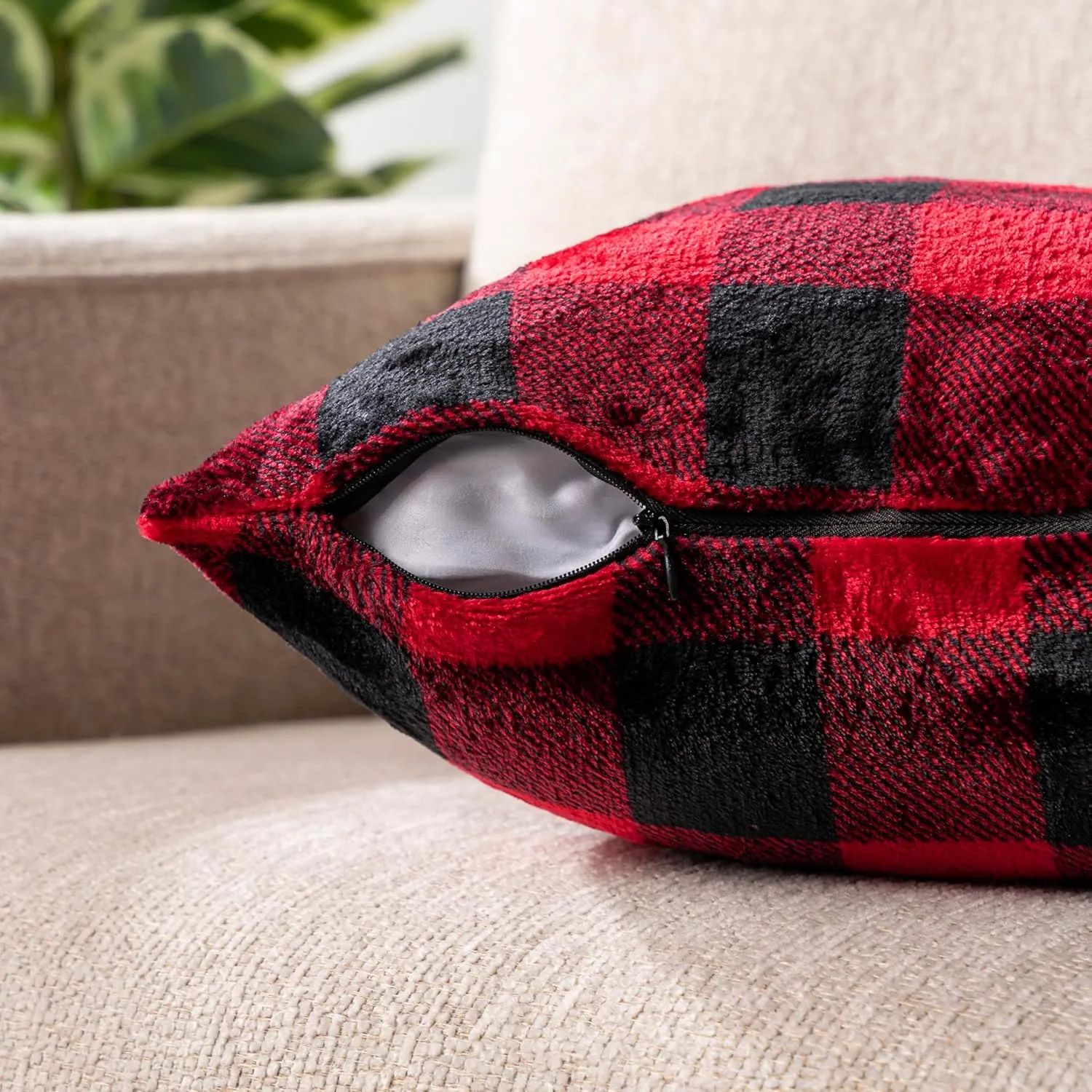 PAVILIA Checker Plaid Throw Pillow Covers 20x20 Set of 2, Decorative Pillow Cases for Bed Sofa Couch, Boho Aesthetic Accent Decor Cushion Bedroom Living Room, Velvet Square Euro Sham Covers, Black Red