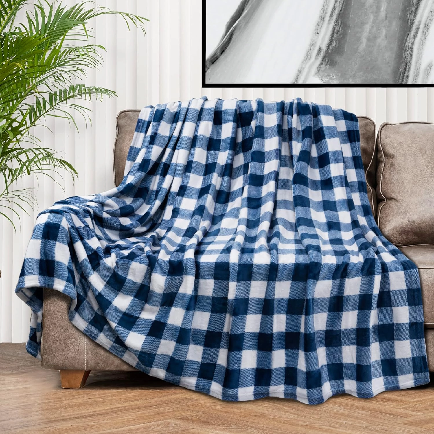 PAVILIA Buffalo Check Fleece Throw Blanket | Blue White Checkered Plaid Flannel Blanket | Soft Velvet Lightweight Microfiber Blanket for Couch Sofa | 50x60 Inches Checker Navy