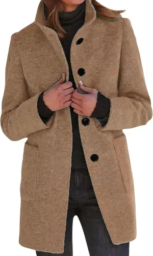 Pea Coat for Women Stand Collar Single Breasted Wool Coats Mid Length Trench Coat with Pocket Winter Coats for Women