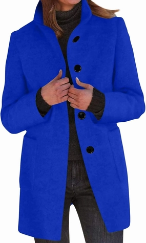 Pea Coat for Women Stand Collar Single Breasted Wool Coats Mid Length Trench Coat with Pocket Winter Coats for Women