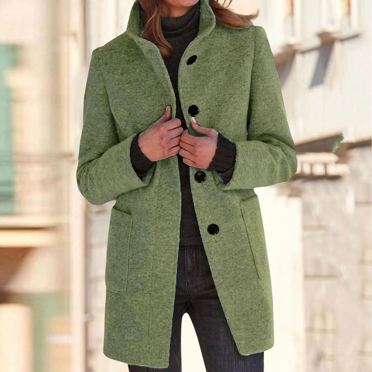 Pea Coat for Women Stand Collar Single Breasted Wool Coats Mid Length Trench Coat with Pocket Winter Coats for Women