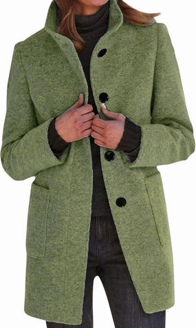 Pea Coat for Women Stand Collar Single Breasted Wool Coats Mid Length Trench Coat with Pocket Winter Coats for Women