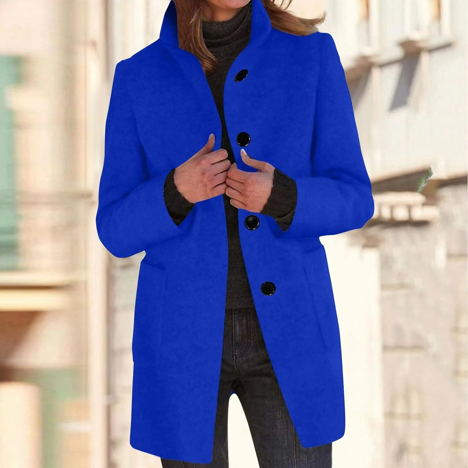 Pea Coat for Women Stand Collar Single Breasted Wool Coats Mid Length Trench Coat with Pocket Winter Coats for Women