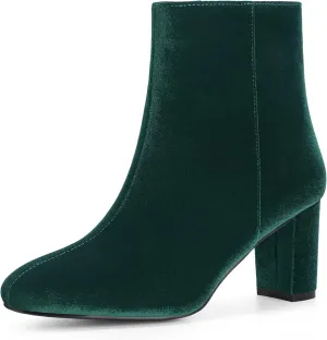 Perphy Faux Velvet Round Toe Chunky Heels Ankle Boots for Women