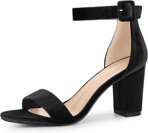 Perphy Velvet Ankle Strap Chunky Heel Sandals for Women Open Toe Dress Shoes