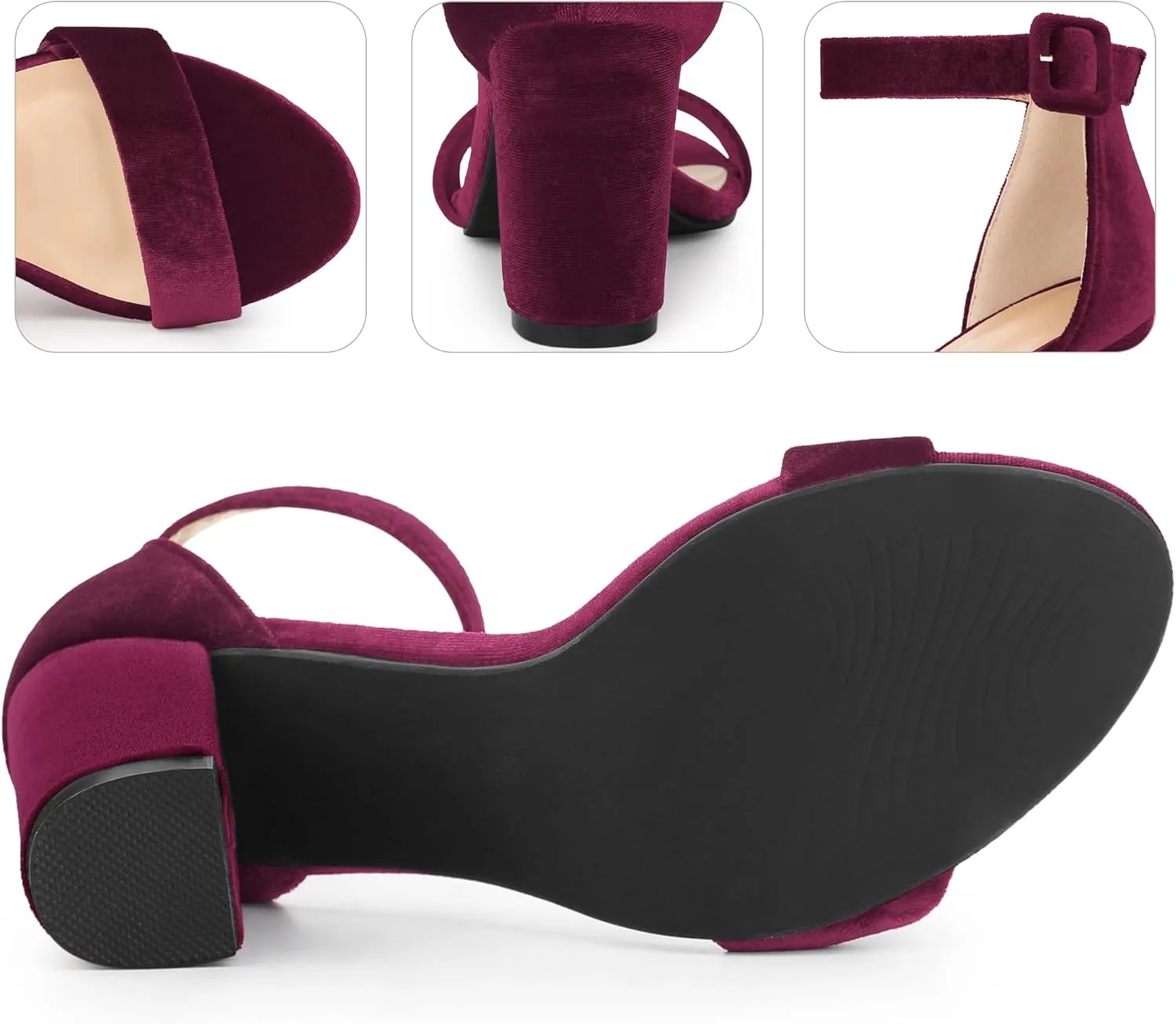 Perphy Velvet Ankle Strap Chunky Heel Sandals for Women Open Toe Dress Shoes