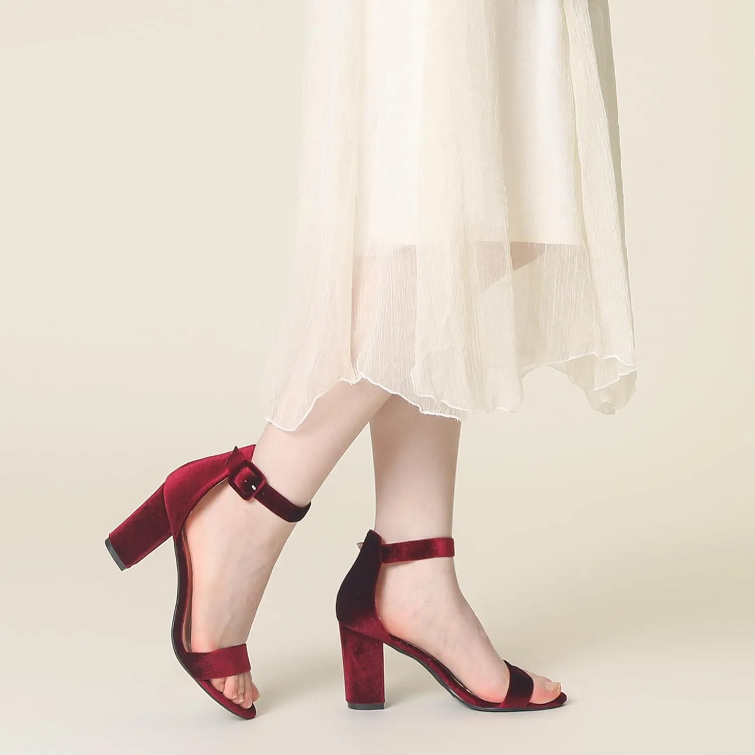 Perphy Velvet Ankle Strap Chunky Heel Sandals for Women Open Toe Dress Shoes