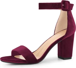 Perphy Velvet Ankle Strap Chunky Heel Sandals for Women Open Toe Dress Shoes