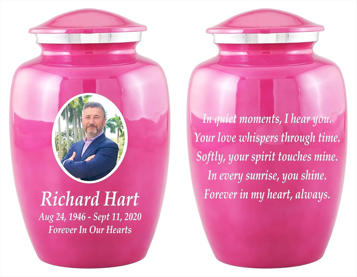 Personalized Photo Cremation Urns for Adult Ashes Male Female - 200lbs Custom Photo Burial Urns for Human Ashes - Engraved Handcrafted Funeral Decorative Urns for Ashes Adult with Velvet Bag,Pink