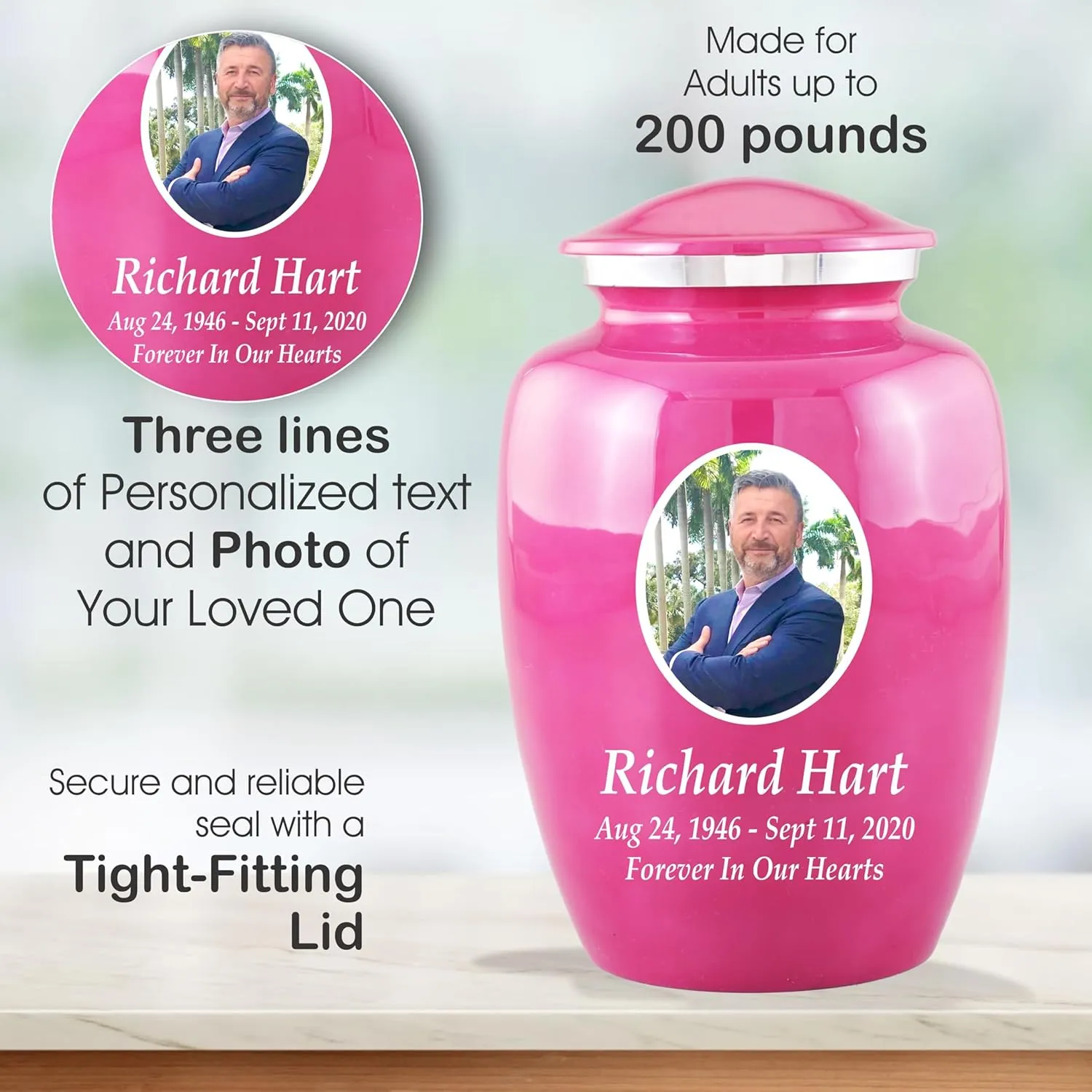 Personalized Photo Cremation Urns for Adult Ashes Male Female - 200lbs Custom Photo Burial Urns for Human Ashes - Engraved Handcrafted Funeral Decorative Urns for Ashes Adult with Velvet Bag,Pink