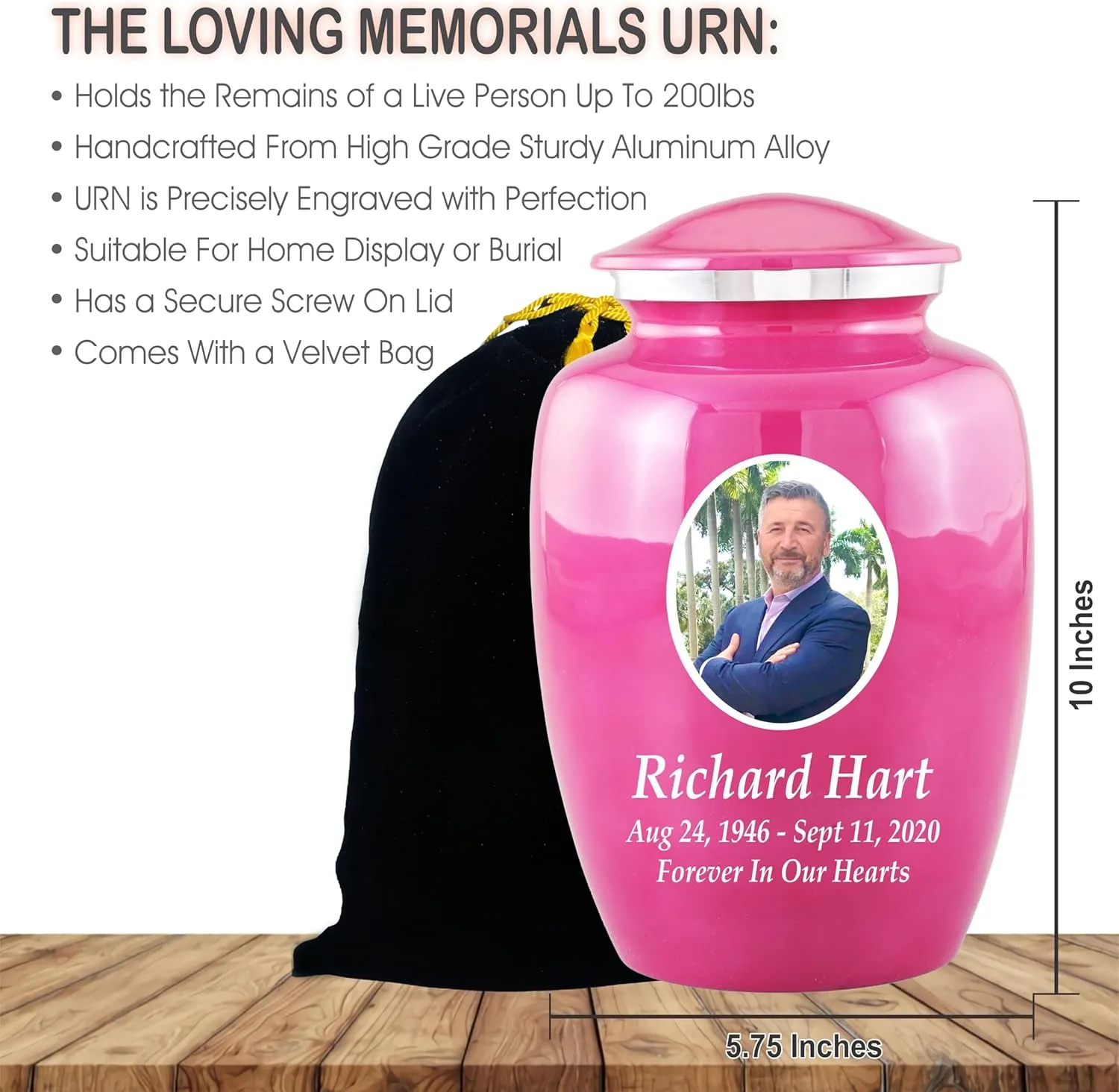 Personalized Photo Cremation Urns for Adult Ashes Male Female - 200lbs Custom Photo Burial Urns for Human Ashes - Engraved Handcrafted Funeral Decorative Urns for Ashes Adult with Velvet Bag,Pink