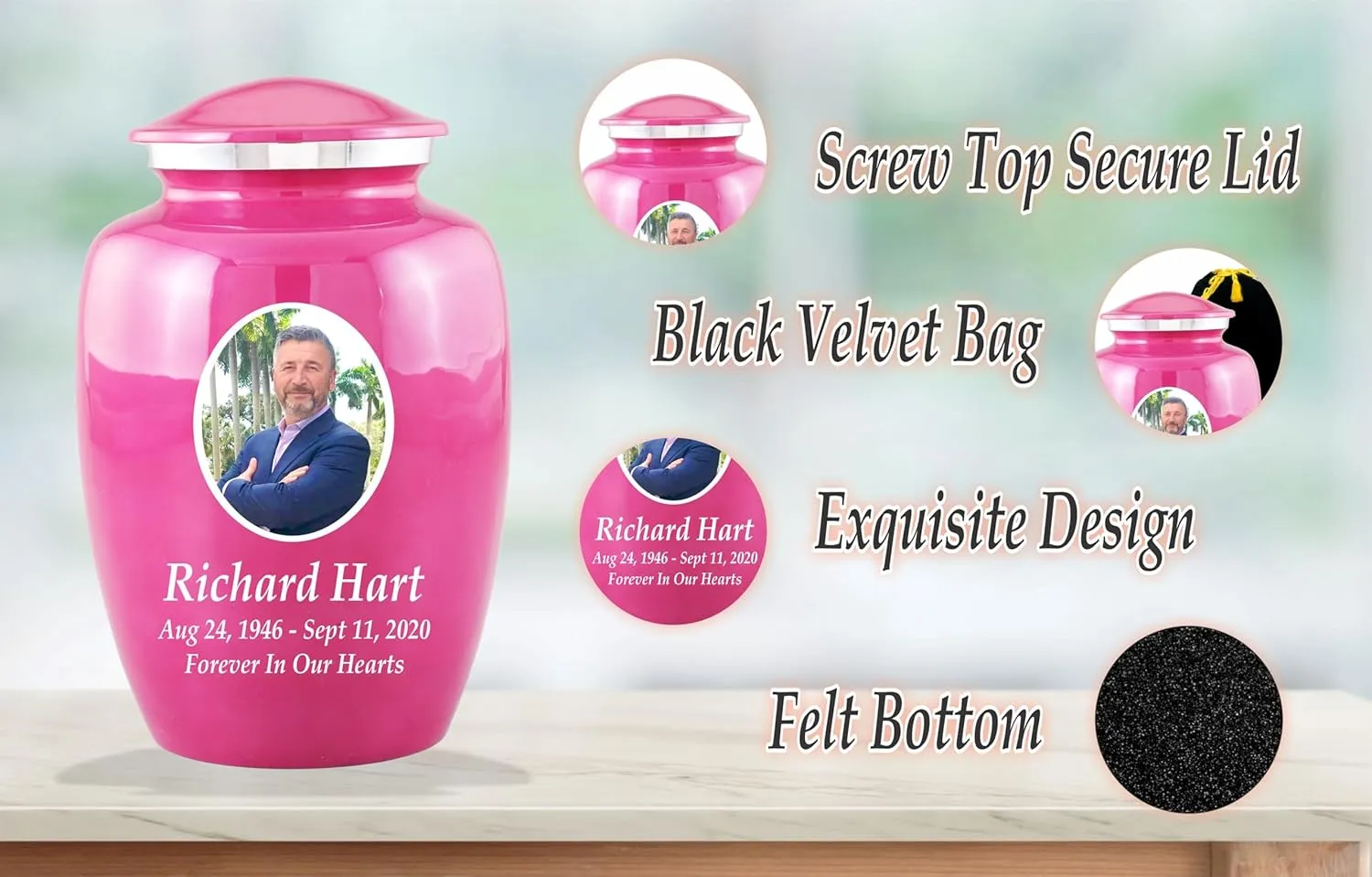 Personalized Photo Cremation Urns for Adult Ashes Male Female - 200lbs Custom Photo Burial Urns for Human Ashes - Engraved Handcrafted Funeral Decorative Urns for Ashes Adult with Velvet Bag,Pink
