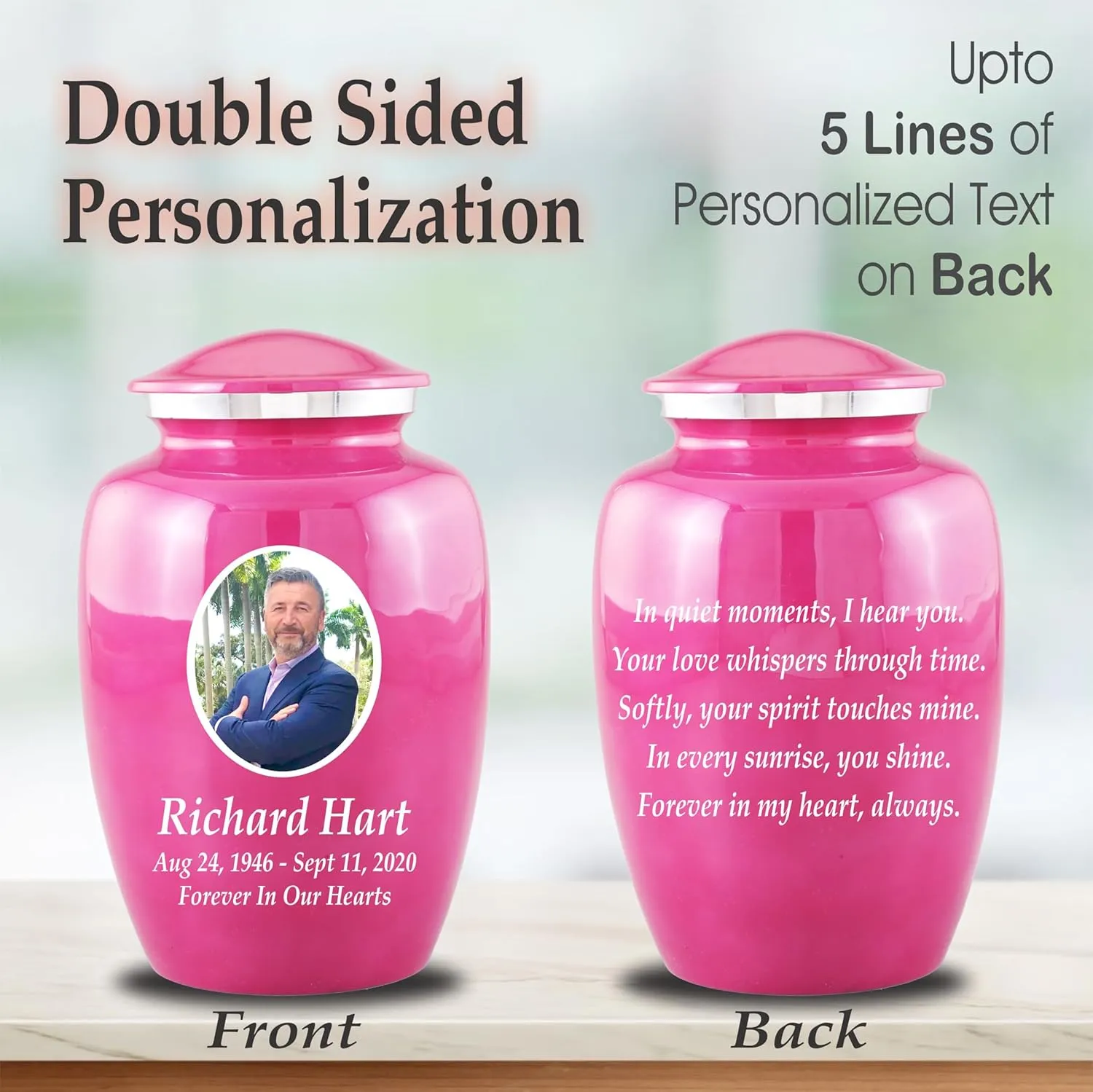 Personalized Photo Cremation Urns for Adult Ashes Male Female - 200lbs Custom Photo Burial Urns for Human Ashes - Engraved Handcrafted Funeral Decorative Urns for Ashes Adult with Velvet Bag,Pink