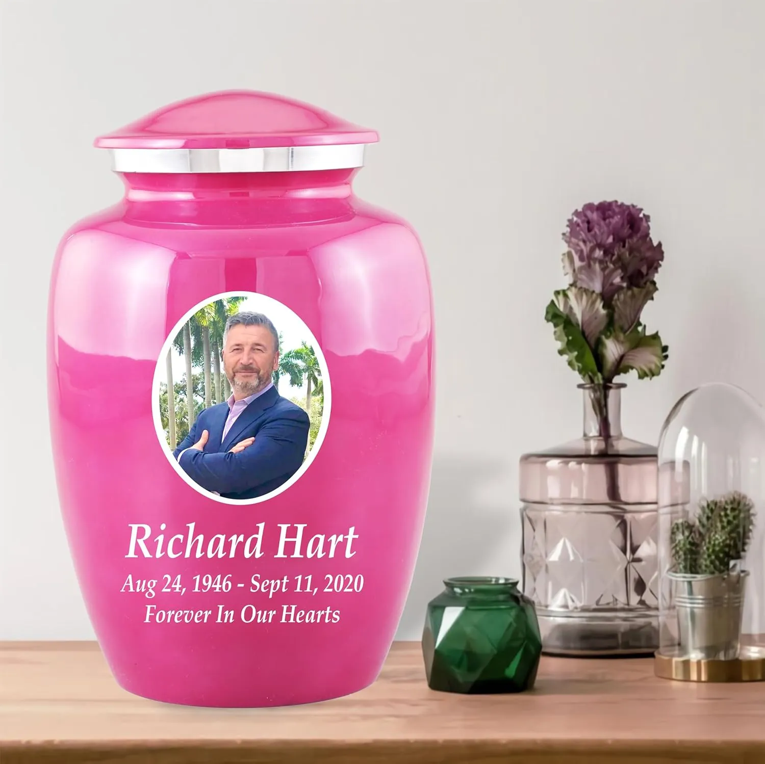Personalized Photo Cremation Urns for Adult Ashes Male Female - 200lbs Custom Photo Burial Urns for Human Ashes - Engraved Handcrafted Funeral Decorative Urns for Ashes Adult with Velvet Bag,Pink