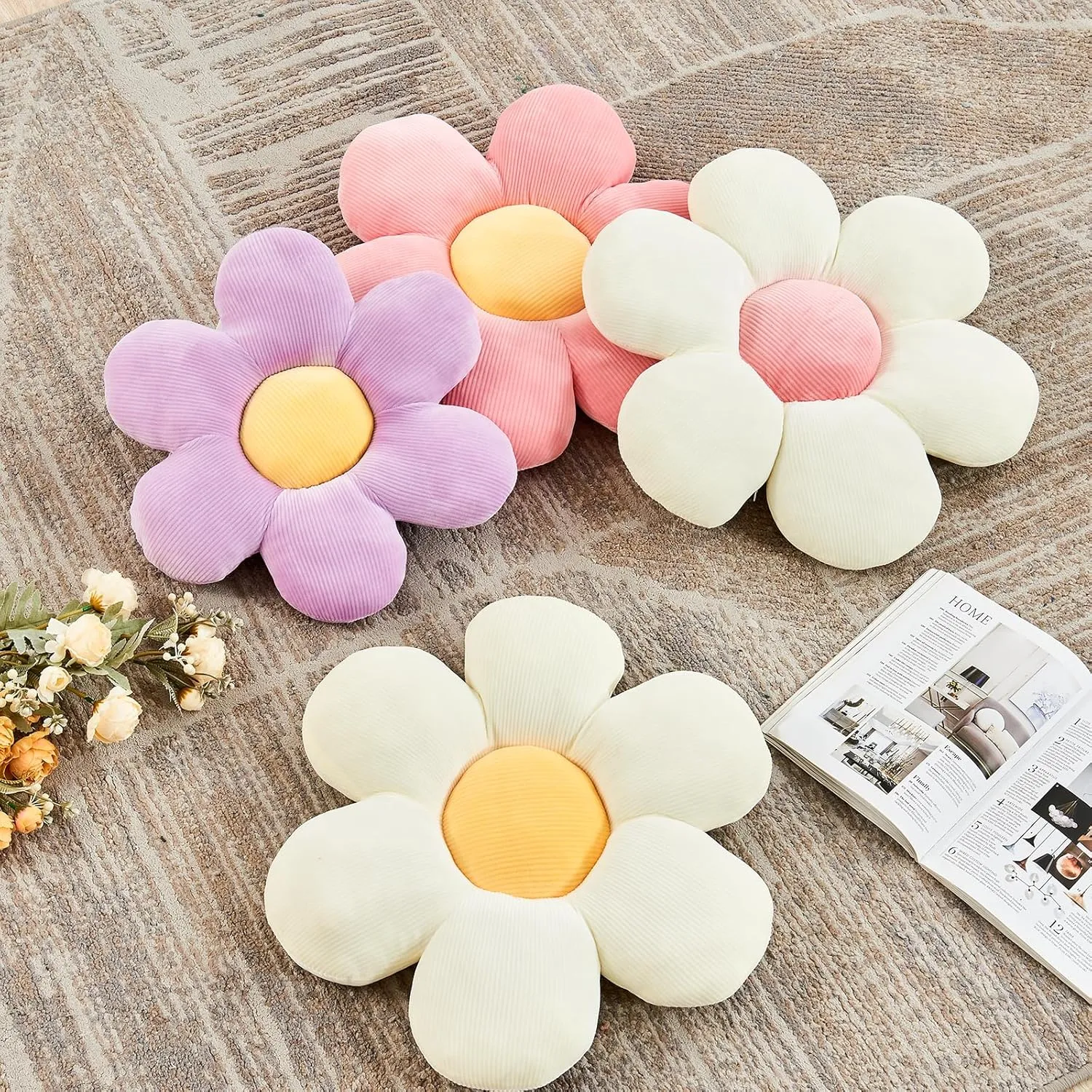 Pink Flower Pillow, Soft 19.6" Flower Throw Pillow, Cute Flower Shaped Floor Pillow, Aesthetic Floral Plush Daisy Decorative Pillows for Bed Sofa Couch