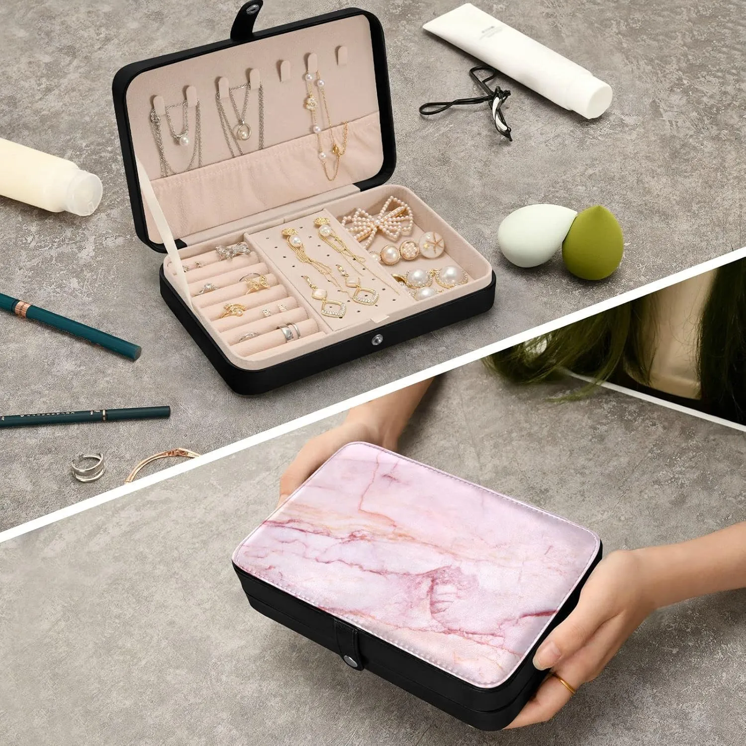 Pink Marble Stone Texture Rip Pattern Pink Abstract Paint Travel Jewelry Box, PU Leather Small Jewelry Organizer for Women, Black Storage Holder Boxes for Earrings, Rings, Necklaces