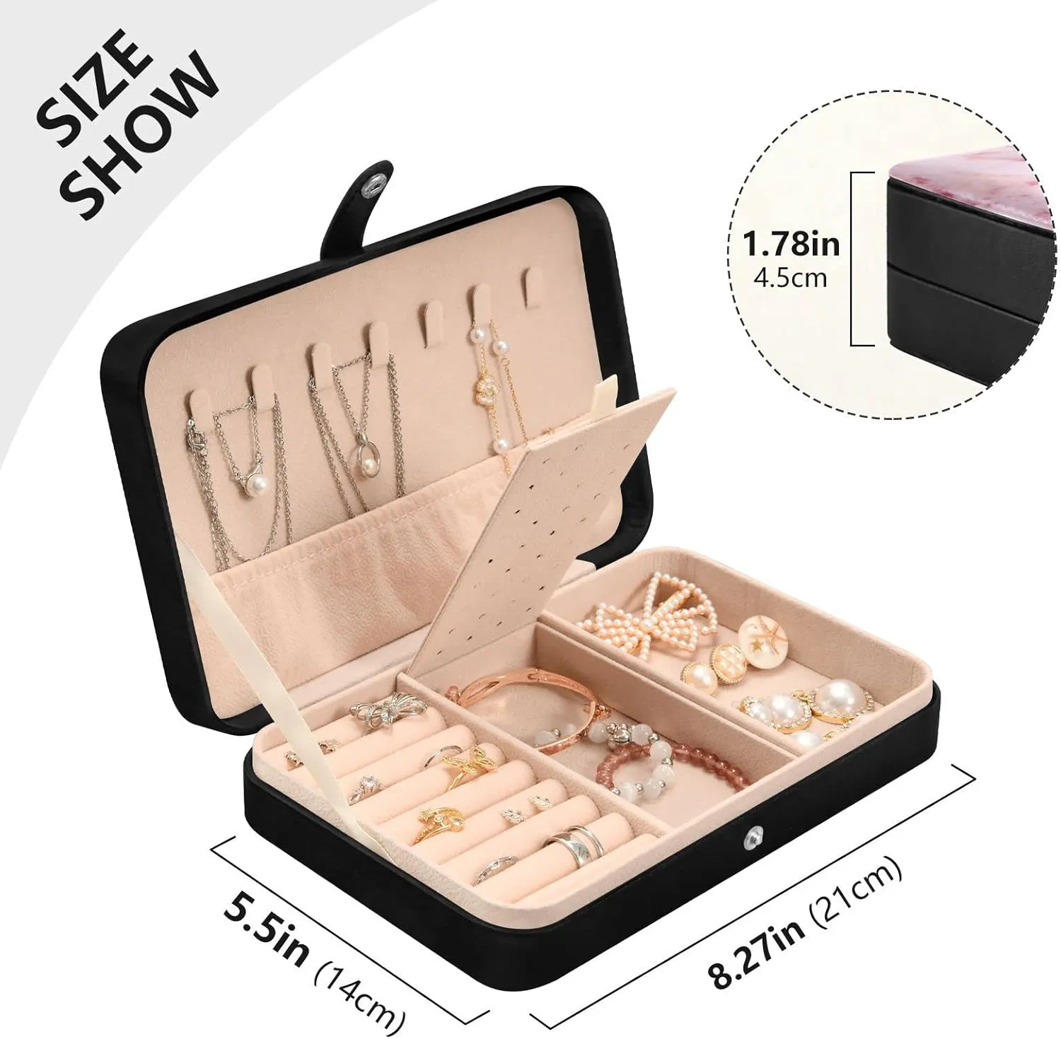 Pink Marble Stone Texture Rip Pattern Pink Abstract Paint Travel Jewelry Box, PU Leather Small Jewelry Organizer for Women, Black Storage Holder Boxes for Earrings, Rings, Necklaces