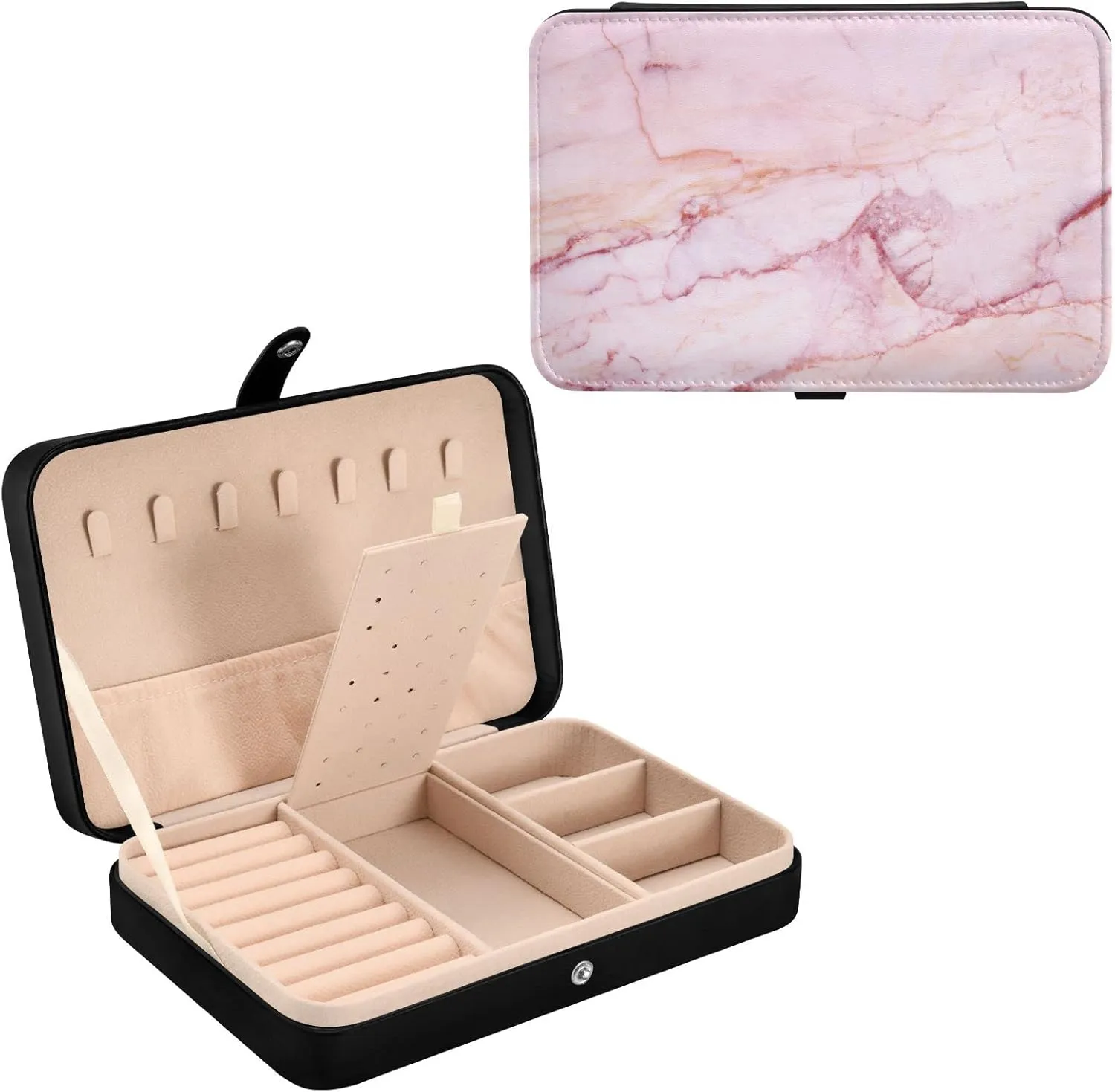 Pink Marble Stone Texture Rip Pattern Pink Abstract Paint Travel Jewelry Box, PU Leather Small Jewelry Organizer for Women, Black Storage Holder Boxes for Earrings, Rings, Necklaces