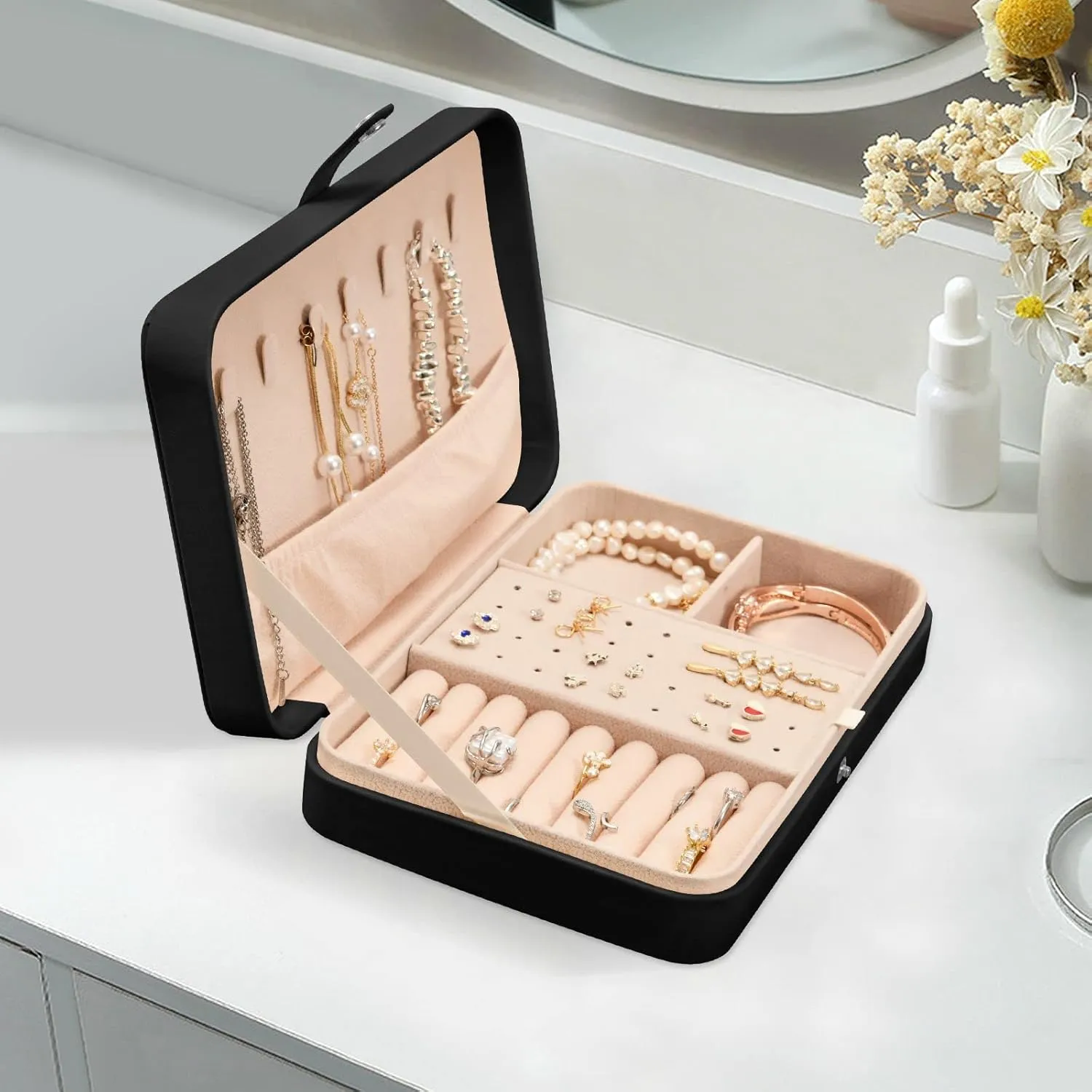 Pink Marble Stone Texture Rip Pattern Pink Abstract Paint Travel Jewelry Box, PU Leather Small Jewelry Organizer for Women, Black Storage Holder Boxes for Earrings, Rings, Necklaces