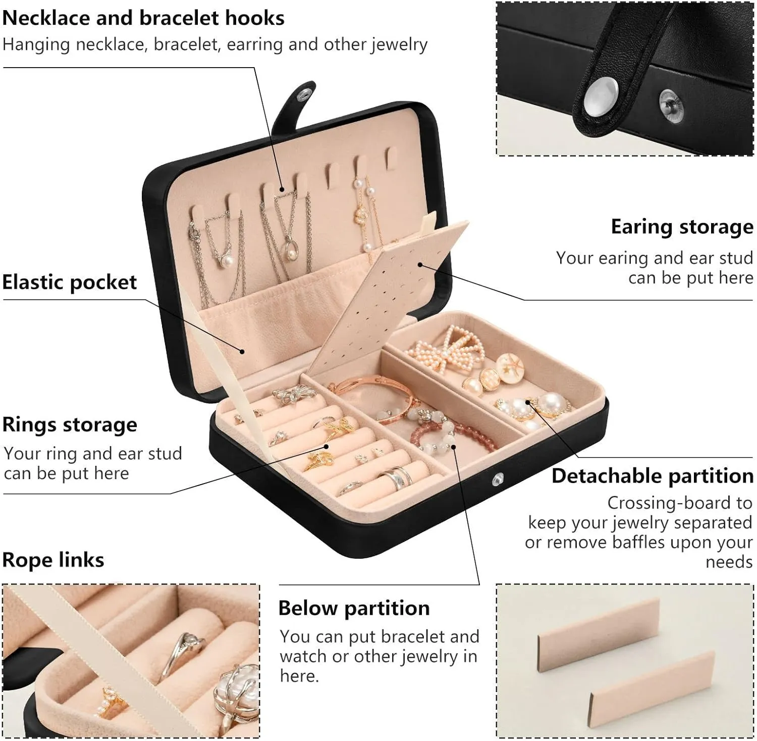 Pink Marble Stone Texture Rip Pattern Pink Abstract Paint Travel Jewelry Box, PU Leather Small Jewelry Organizer for Women, Black Storage Holder Boxes for Earrings, Rings, Necklaces