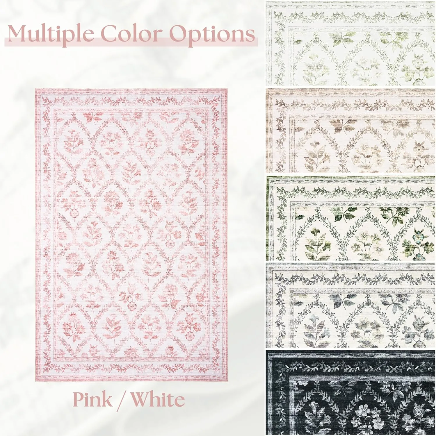 Pink Rugs for Bedroom Women Boho Light Blush Pink Floral Area Rugs Nursery for Baby Girl, Cute Foldable Machine Washable Distressed Carpet for Living Room Bedroom Dorm Kids Playroom