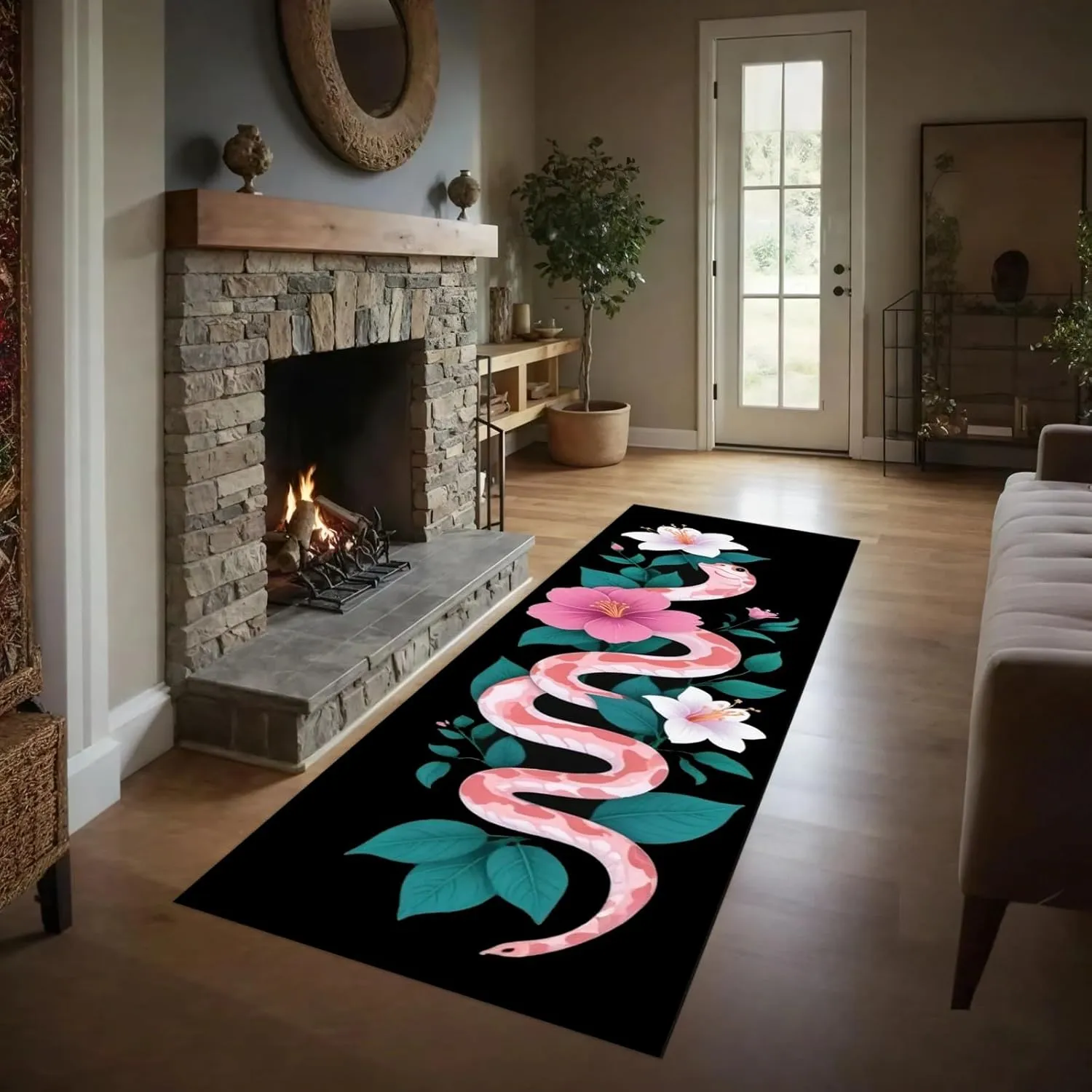 Pink Snake Long Hallway Rug 2x7ft Flower Jungle Serpent Runner Rug Aesthetic Art Snake Decor Washable Kitchen Runner with Rubber Backing Cozy Bedside Carpet Runners