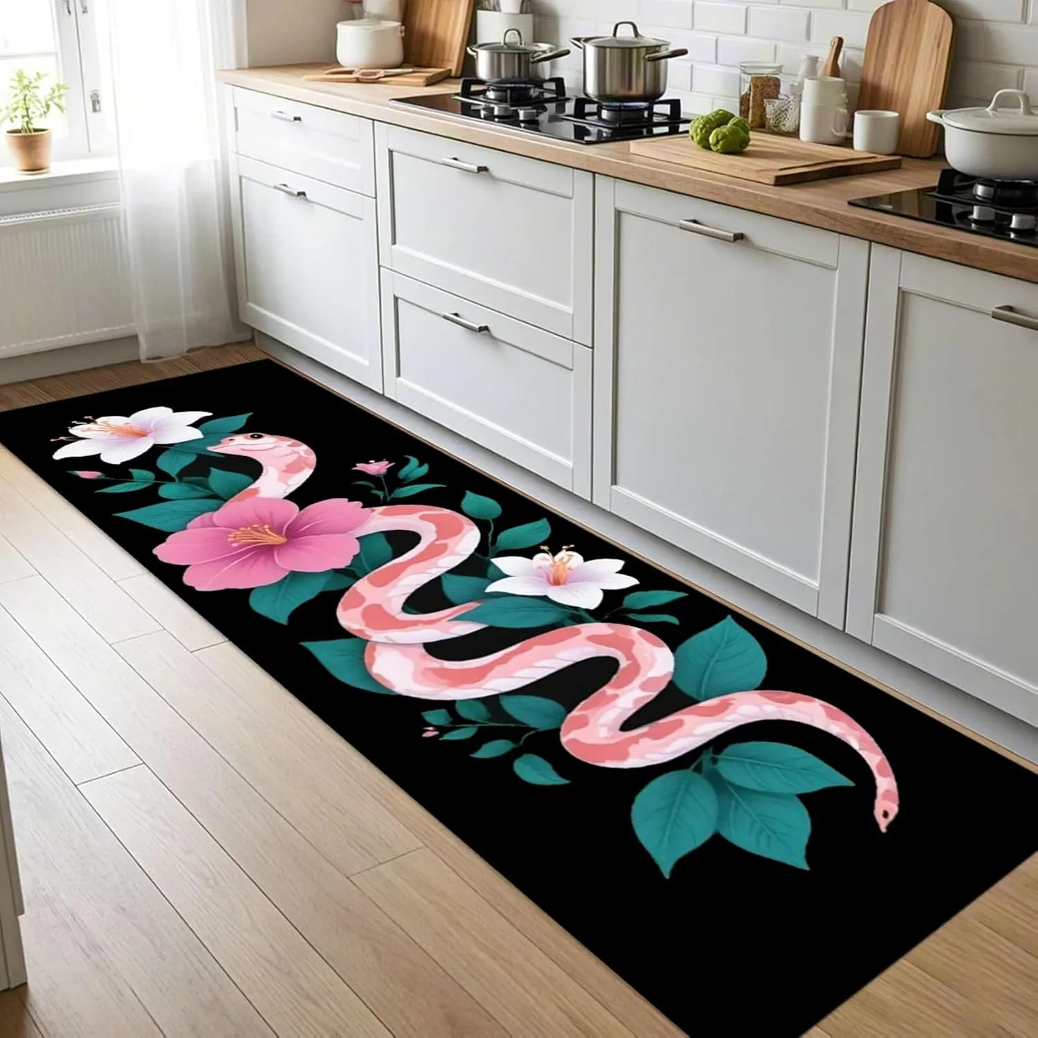 Pink Snake Long Hallway Rug 2x7ft Flower Jungle Serpent Runner Rug Aesthetic Art Snake Decor Washable Kitchen Runner with Rubber Backing Cozy Bedside Carpet Runners