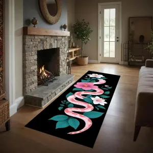 Pink Snake Long Hallway Rug 2x7ft Flower Jungle Serpent Runner Rug Aesthetic Art Snake Decor Washable Kitchen Runner with Rubber Backing Cozy Bedside Carpet Runners