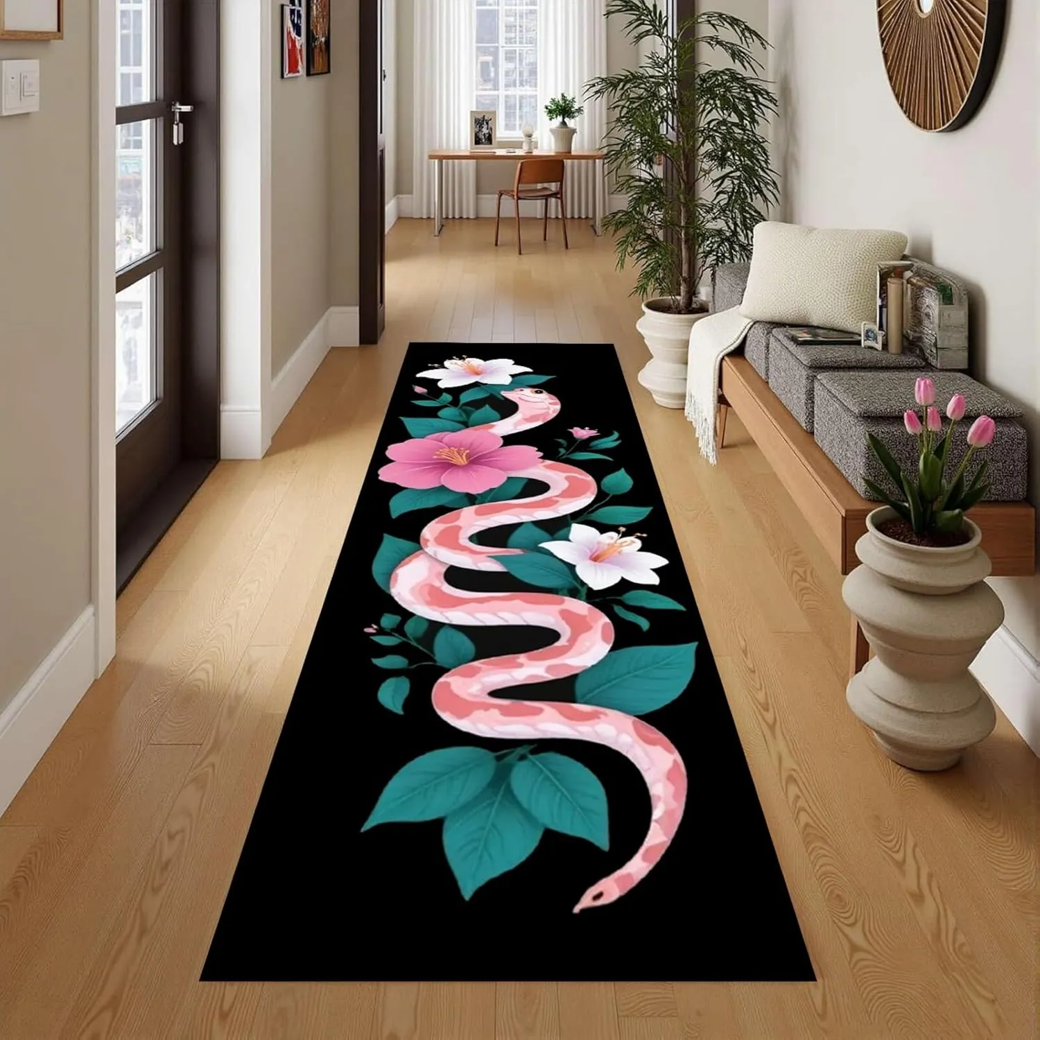 Pink Snake Long Hallway Rug 2x7ft Flower Jungle Serpent Runner Rug Aesthetic Art Snake Decor Washable Kitchen Runner with Rubber Backing Cozy Bedside Carpet Runners
