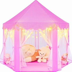 Pink Princess Tent for Girls With LED Small Star Lights, Castle Playhouse for Children Toddlers Indoor Outdoor Games, 5553 Inches