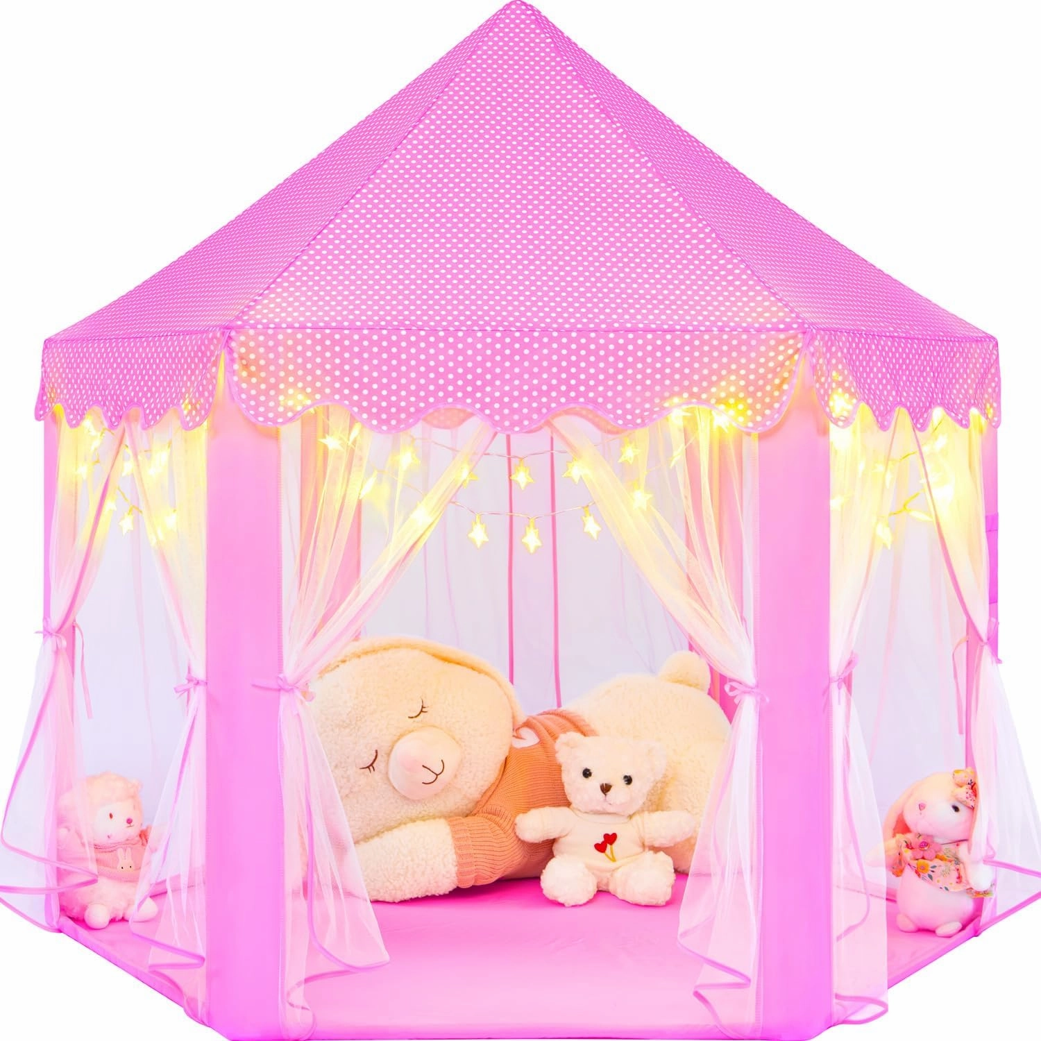 Pink Princess Tent for Girls With LED Small Star Lights, Castle Playhouse for Children Toddlers Indoor Outdoor Games, 5553 Inches