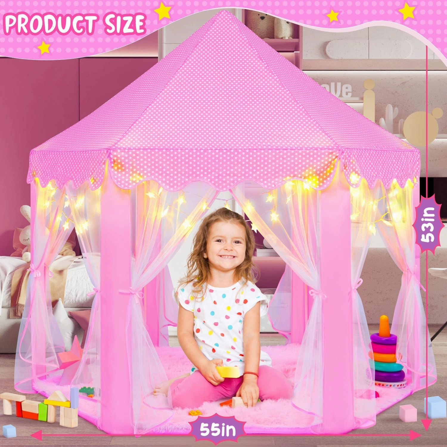 Pink Princess Tent for Girls With LED Small Star Lights, Castle Playhouse for Children Toddlers Indoor Outdoor Games, 5553 Inches