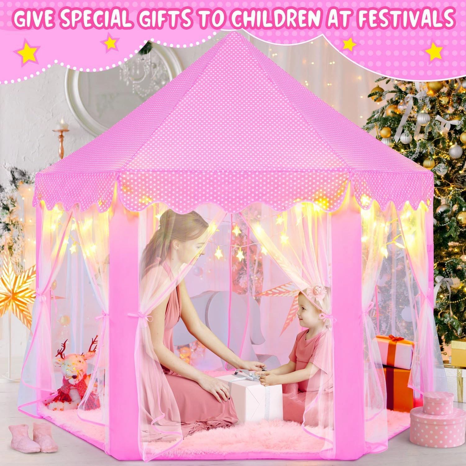 Pink Princess Tent for Girls With LED Small Star Lights, Castle Playhouse for Children Toddlers Indoor Outdoor Games, 5553 Inches