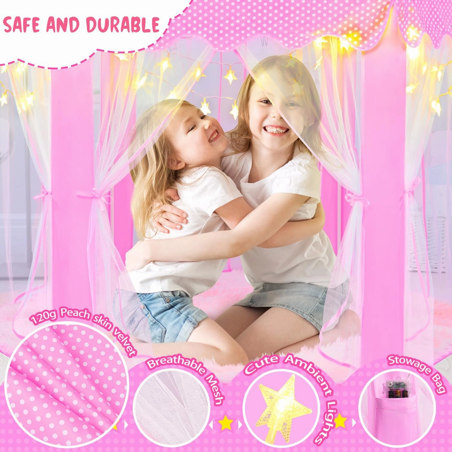 Pink Princess Tent for Girls With LED Small Star Lights, Castle Playhouse for Children Toddlers Indoor Outdoor Games, 5553 Inches