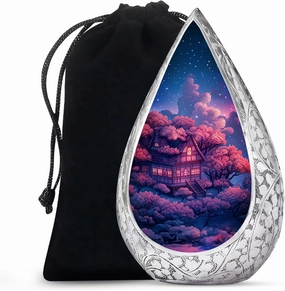 Pink Trees Funeral Urns for Adult Ashes Women and Men - Cozy House Large Drop Containers for Ashes Cremation - Burial Urns for Adult Male and Female with Velvet Bag, 10 Inch