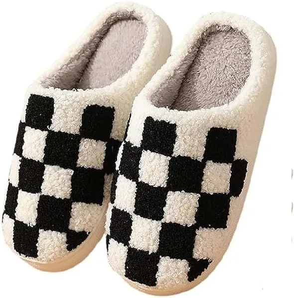Plaid Slippers, Home Slippers for Women and Men, Fluffy Memory Foam, Indoor/Outdoor, Warm Velvet (black, Adult, Women, 10, Numeric, US Footwear Size System, Medium)