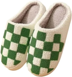 Plaid Slippers, Home Slippers for Women and Men, Fluffy Memory Foam, Indoor/Outdoor, Warm Velvet (green, Adult, Women, 8, Numeric, US Footwear Size System, Medium)