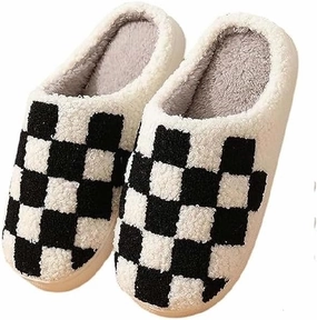 Plaid Slippers, Home Slippers for Women and Men, Fluffy Memory Foam, Indoor/Outdoor, Warm Velvet (black, Adult, Women, 9, Numeric, US Footwear Size System, Medium)