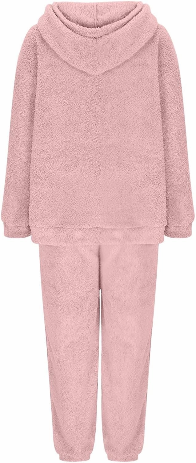 Plus Size 2 Piece Sets Women Long Sleeve Pajama Set Hooded Sweatshirt and Elastic Solid Pants Fuzzy Lounge Set