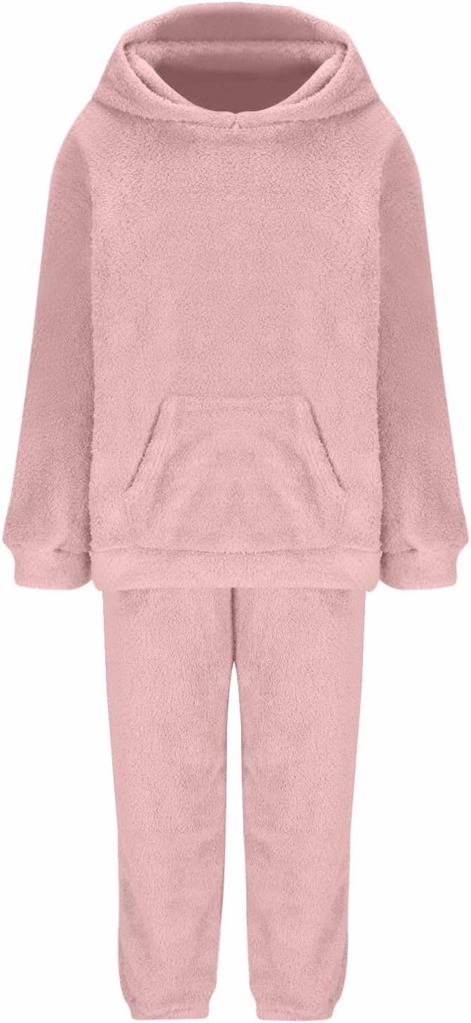 Plus Size 2 Piece Sets Women Long Sleeve Pajama Set Hooded Sweatshirt and Elastic Solid Pants Fuzzy Lounge Set